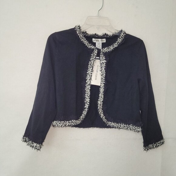 Victor Costa Sweater Womens L Black Fringe 3/4 Sleeve Cropped Cardigan Party New - Picture 1 of 10